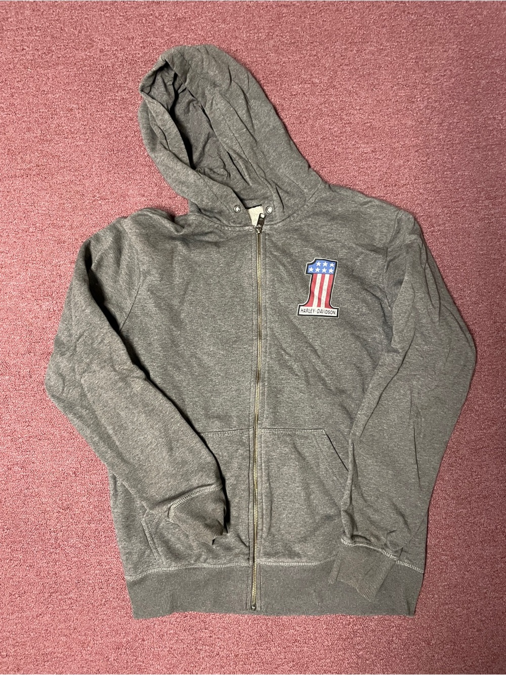 Harley-Davidson Men's Gray Zip-Up Hoodie with American Flag '1' Logo